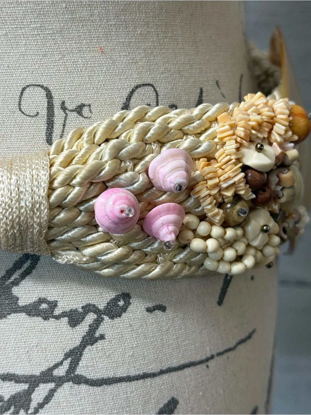 Vintage Handcrafted Mother-of-Pearl Shell Statement Woven Rope Belt